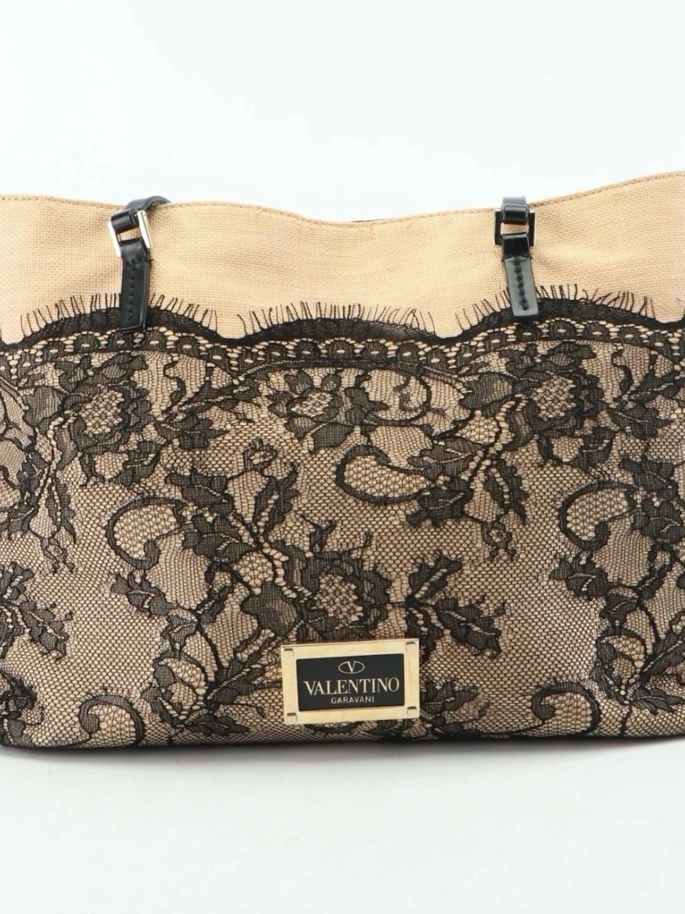 Valentino Garavani Raffia Tote with Black Lace Overlay